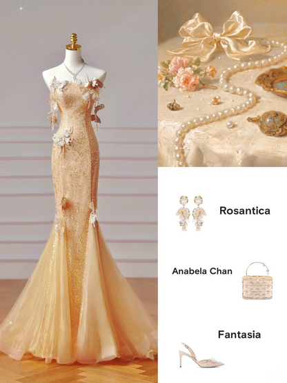Elegantes, trägerloses Meerjungfrauen-Abendkleid mit goldenen Pailletten und Schmetterlingsmotiv – ein beeindruckendes, langes Abendkleid für Teenager und Schülerinnen (AQ012).