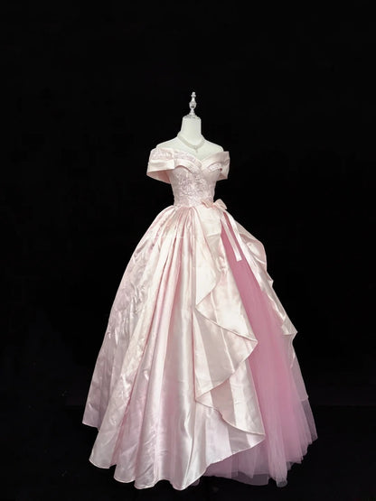Sweety Prom Dresses Ball Gown Pink Off The Shoulder With Lace Tulle Evening Long Formal Dress RB7386