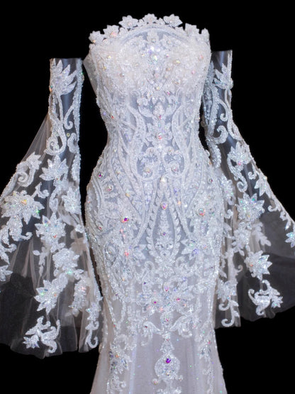 Robes de mariée élégantes et pudiques pour la mariée, style sirène, bustier, manches longues, dentelle, tailles petites et grandes, SA012