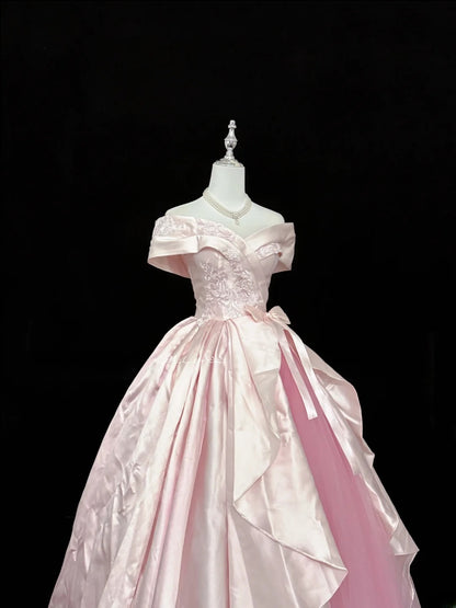 Sweety Prom Dresses Ball Gown Pink Off The Shoulder With Lace Tulle Evening Long Formal Dress RB7386