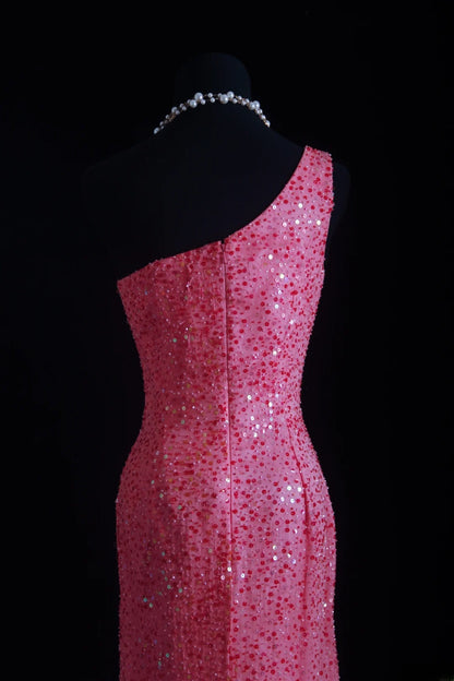 Vintage-Abendkleider im Stil der 90er Jahre: Elegantes Etuikleid mit One-Shoulder-Schnitt, rosa Pailletten, langes Partykleid AS012
