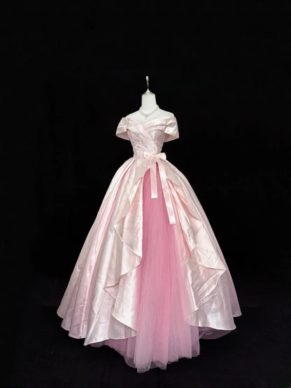 Sweety Prom Dresses Ball Gown Pink Off The Shoulder With Lace Tulle Evening Long Formal Dress RB7386