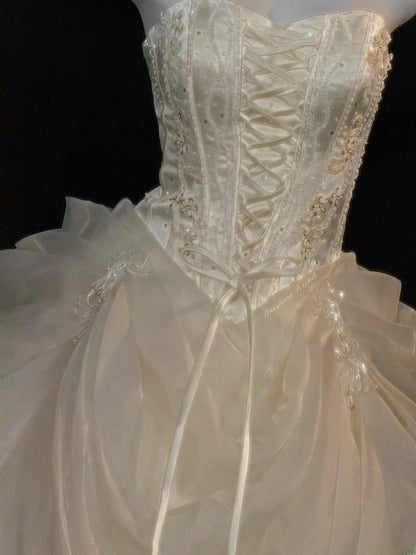 Prinzessinnen-Ballkleid, trägerlos, Champagner, mit mehrlagigem Korsett, figurbetont, lang, für süße 16 Kleider, Quinceanera-Kleid RB3354