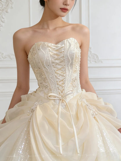 Prinzessinnen-Ballkleid, trägerlos, Champagner, mit mehrlagigem Korsett, figurbetont, lang, für süße 16 Kleider, Quinceanera-Kleid RB3354
