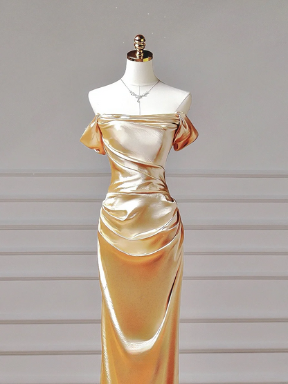 Elegantes, ästhetisches Meerjungfrauen-Abendkleid mit schulterfreiem Rock und Falten in Gold – ein beeindruckendes, langes Abendkleid für Teenager und Schülerinnen (AQ013).