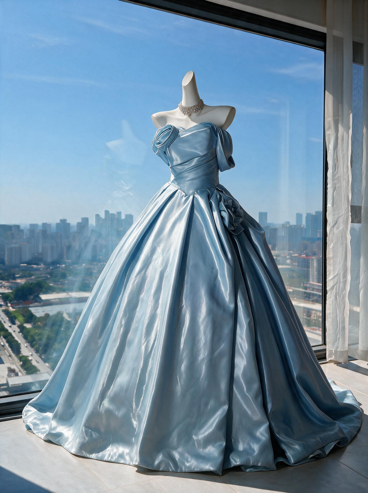 Fairy Quinceanera Dress Ball Gown Off The Shoulder Blue With Flowers Satin 16th Birthday Party Outfit RC0973