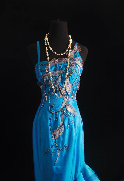 Robe de bal vintage années 90, sirène, bretelles spaghetti, longue robe de soirée en mousseline bleue, référence AS013