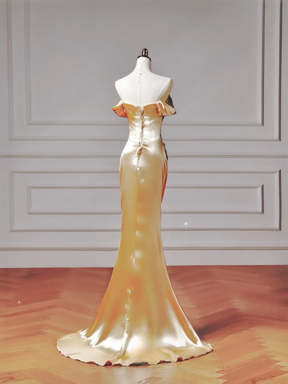 Elegantes, ästhetisches Meerjungfrauen-Abendkleid mit schulterfreiem Rock und Falten in Gold – ein beeindruckendes, langes Abendkleid für Teenager und Schülerinnen (AQ013).