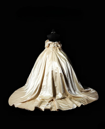 Pretty Ball Gown Off The Shoulder Gold Satin With Sleeves Moda 2000 Quince Dress Long 15 Quinceanera Dresses Ideas Formal Outfits RB6364