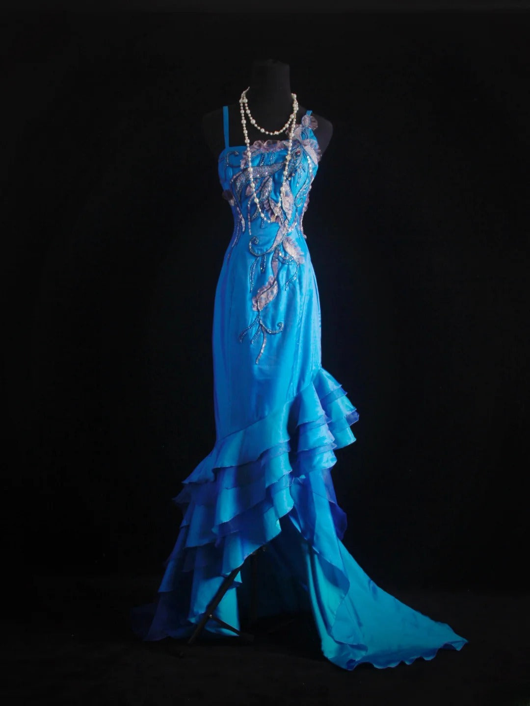 Robe de bal vintage années 90, sirène, bretelles spaghetti, longue robe de soirée en mousseline bleue, référence AS013