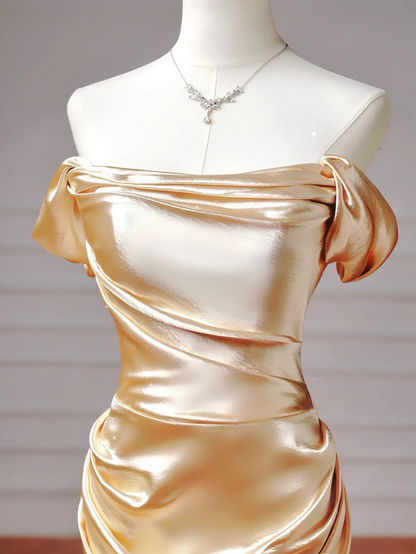 Elegantes, ästhetisches Meerjungfrauen-Abendkleid mit schulterfreiem Rock und Falten in Gold – ein beeindruckendes, langes Abendkleid für Teenager und Schülerinnen (AQ013).