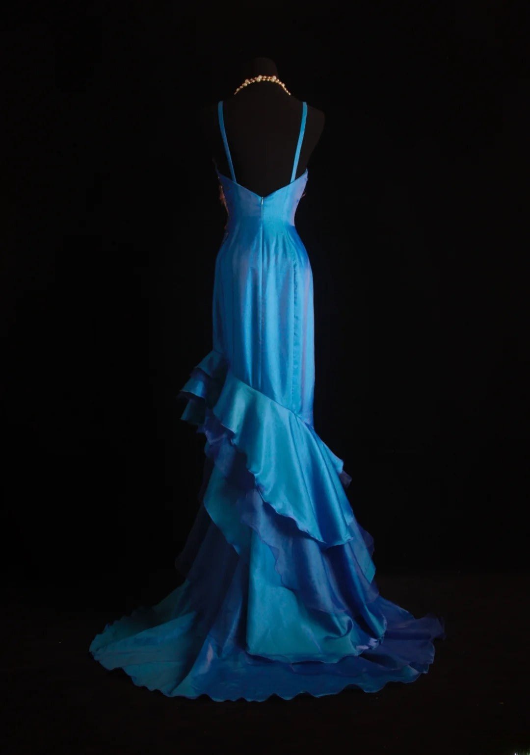 Robe de bal vintage années 90, sirène, bretelles spaghetti, longue robe de soirée en mousseline bleue, référence AS013