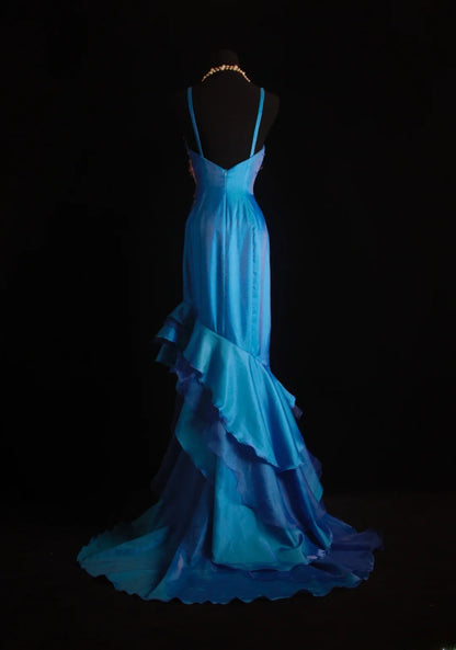Robe de bal vintage années 90, sirène, bretelles spaghetti, longue robe de soirée en mousseline bleue, référence AS013
