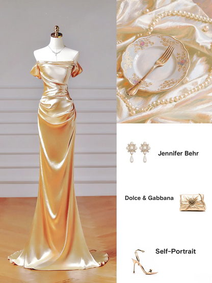 Elegantes, ästhetisches Meerjungfrauen-Abendkleid mit schulterfreiem Rock und Falten in Gold – ein beeindruckendes, langes Abendkleid für Teenager und Schülerinnen (AQ013).