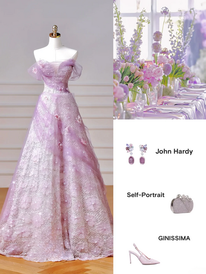 Robe de bal modeste, robe de soirée esthétique à épaules dénudées en tulle lilas, inspiration robe longue de soirée élégante pour adolescentes et lycéennes AQ014