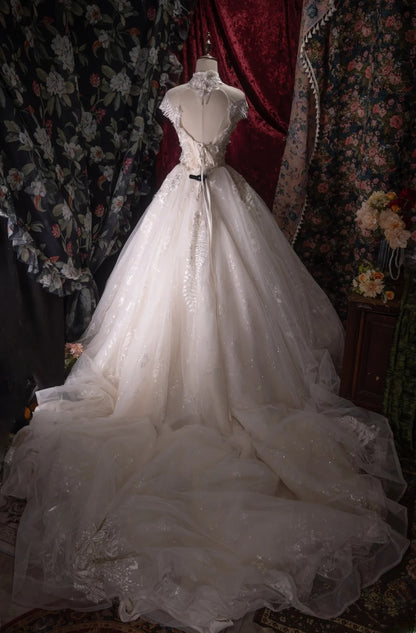 Vintage 80s Mermaid Sweethart High Neck Lace Tulle White With Appliques Cap Sleeves Brides Gown Bridal Dress Wedding Dresses RB8039