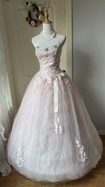Sweet 16 Kleid, lang, herzförmiger Ausschnitt, rosa Tüll, mit Spitzenapplikationen, Ballkleid, Sweet Sixteen Geburtstagskleid, RC0384