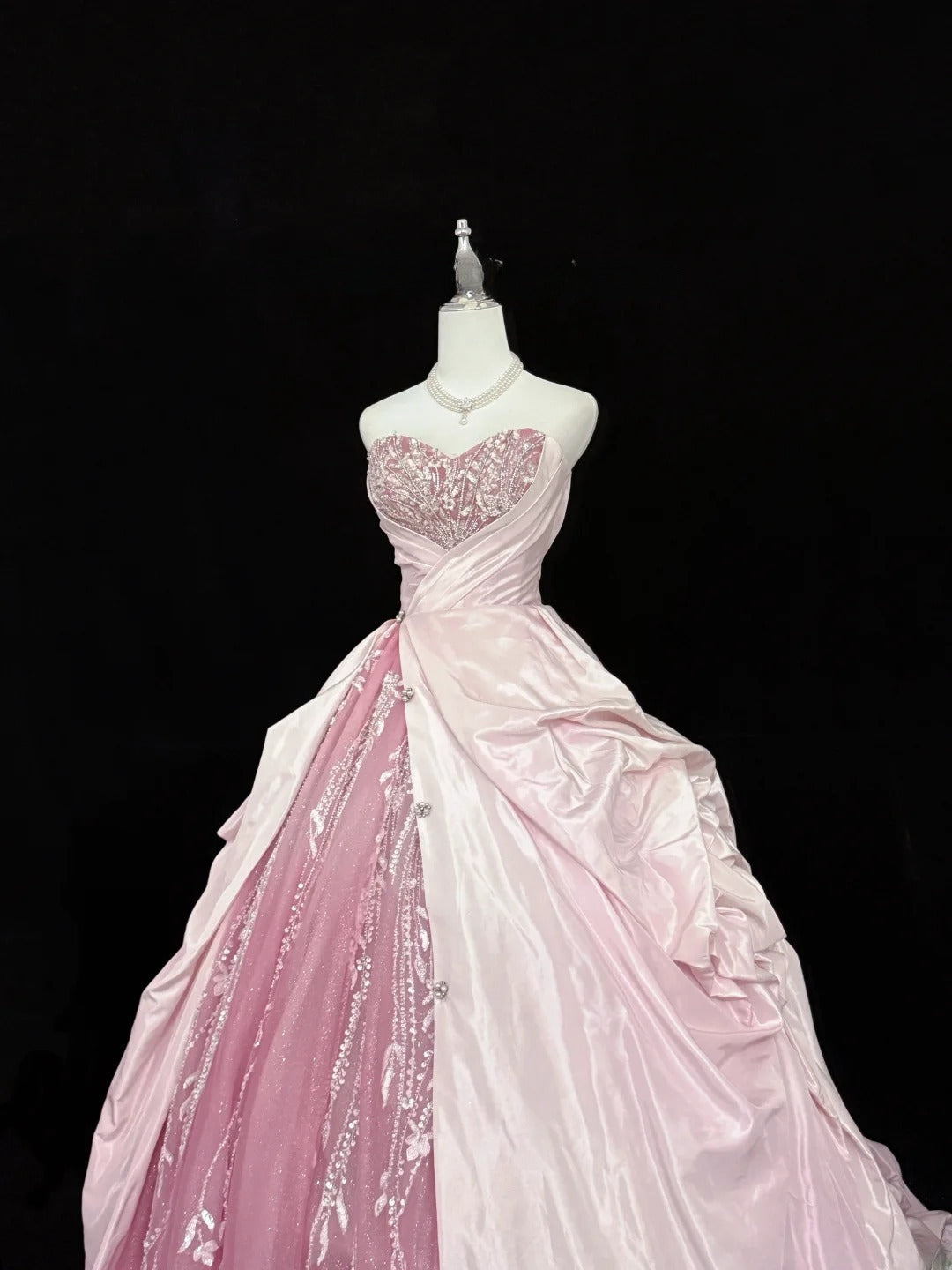 Fairytale Prom Dresses Ball Gown Sweetheart Pink With Beading Tulle Evening Long Formal Dress RB7388