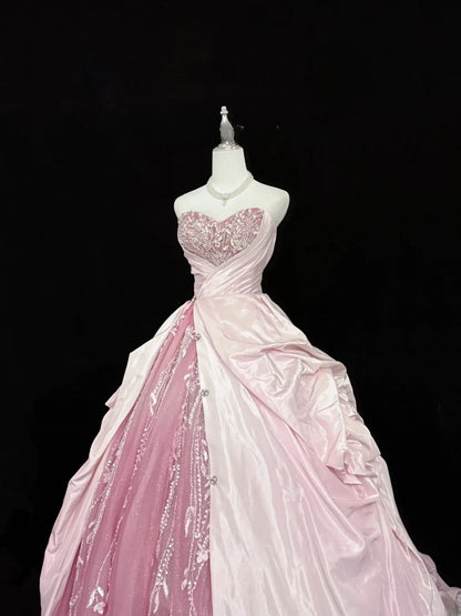 Fairytale Prom Dresses Ball Gown Sweetheart Pink With Beading Tulle Evening Long Formal Dress RB7388