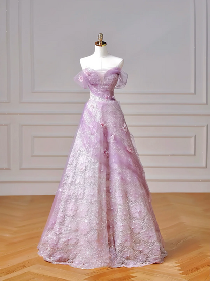 Robe de bal modeste, robe de soirée esthétique à épaules dénudées en tulle lilas, inspiration robe longue de soirée élégante pour adolescentes et lycéennes AQ014
