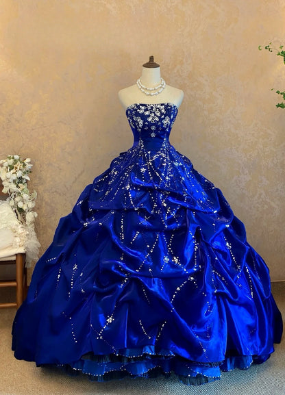 Glam Ball Gown Strapless Royal Blue Quinceanera Dresses For Sweet 15 15 Anos Celebration Birthday Prom Gown RB9011