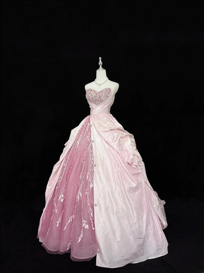 Fairytale Prom Dresses Ball Gown Sweetheart Pink With Beading Tulle Evening Long Formal Dress RB7388