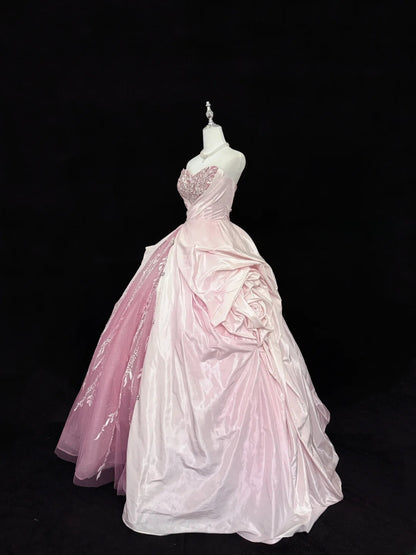 Fairytale Prom Dresses Ball Gown Sweetheart Pink With Beading Tulle Evening Long Formal Dress RB7388
