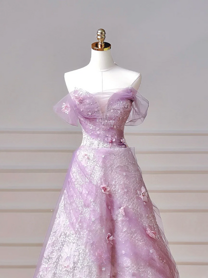 Robe de bal modeste, robe de soirée esthétique à épaules dénudées en tulle lilas, inspiration robe longue de soirée élégante pour adolescentes et lycéennes AQ014