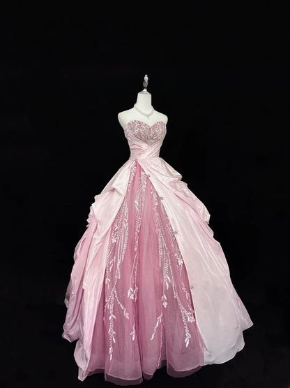Fairytale Prom Dresses Ball Gown Sweetheart Pink With Beading Tulle Evening Long Formal Dress RB7388