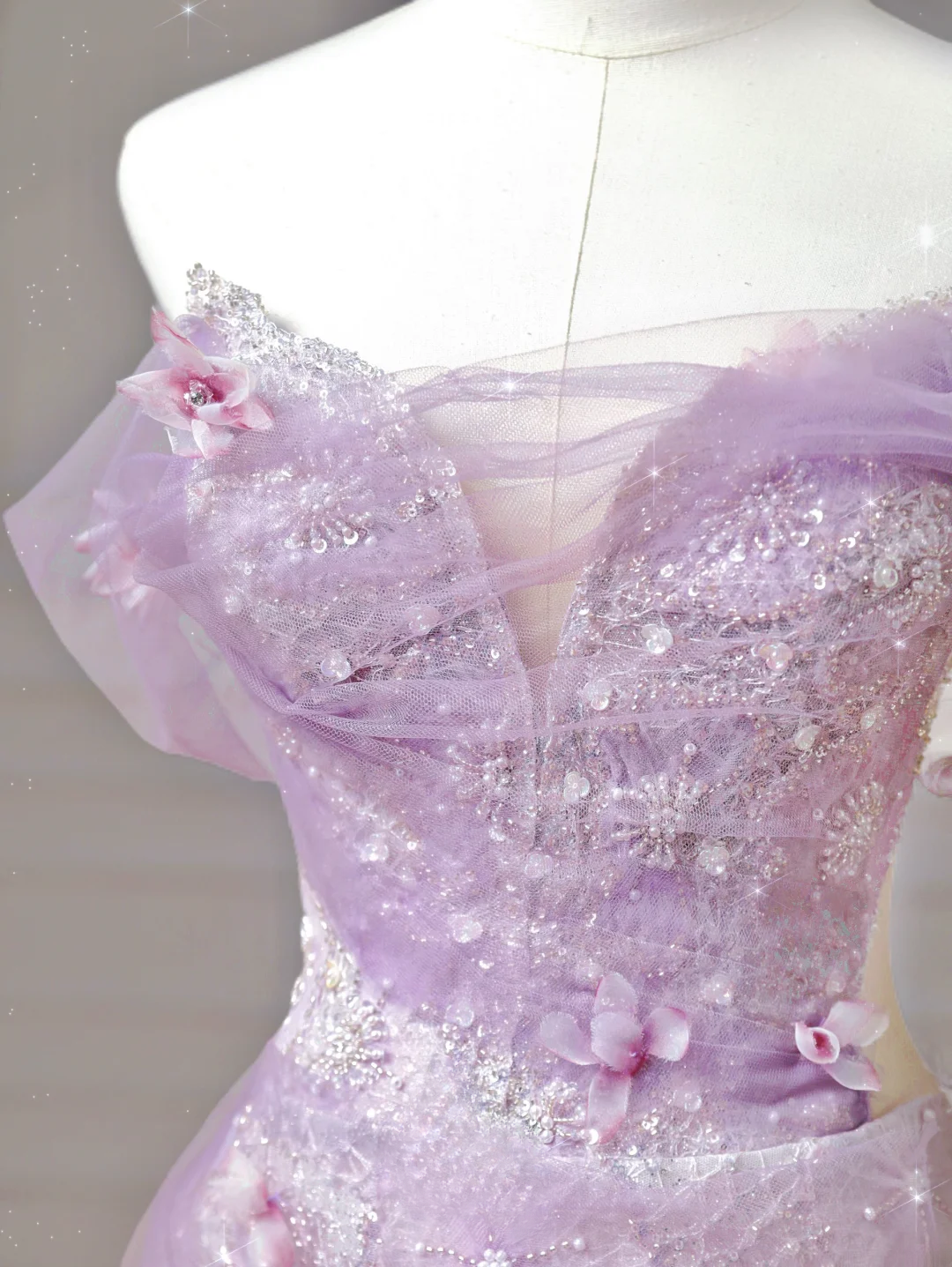 Robe de bal modeste, robe de soirée esthétique à épaules dénudées en tulle lilas, inspiration robe longue de soirée élégante pour adolescentes et lycéennes AQ014