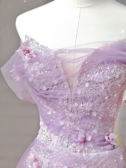 Robe de bal modeste, robe de soirée esthétique à épaules dénudées en tulle lilas, inspiration robe longue de soirée élégante pour adolescentes et lycéennes AQ014