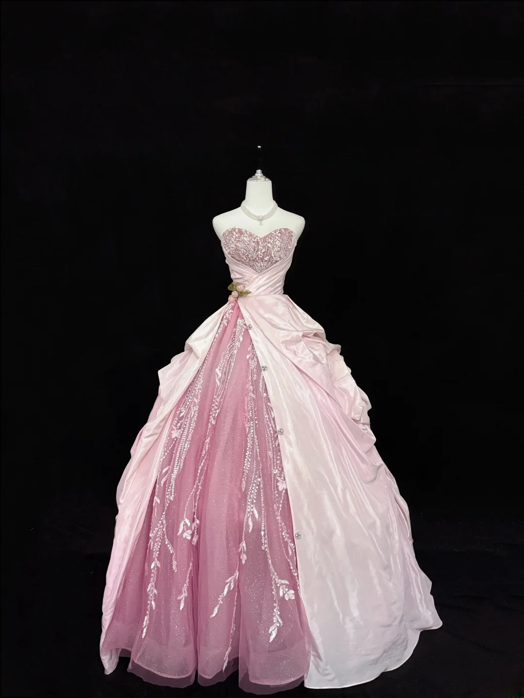 Fairytale Prom Dresses Ball Gown Sweetheart Pink With Beading Tulle Evening Long Formal Dress RB7388