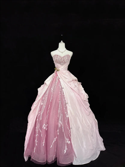 Fairytale Prom Dresses Ball Gown Sweetheart Pink With Beading Tulle Evening Long Formal Dress RB7388
