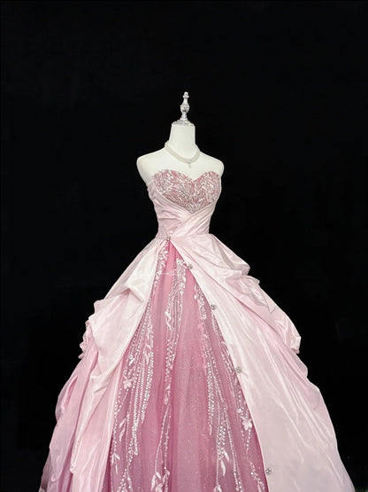 Fairytale Prom Dresses Ball Gown Sweetheart Pink With Beading Tulle Evening Long Formal Dress RB7388
