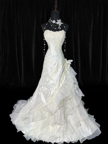 Brautkleid, trägerlos, tiefe Taille, Meerjungfrauenstil, 1950er/1940er Jahre, trägerlose Spitze mit Applikationen, weiß, in Petite/Plus Size, AS014