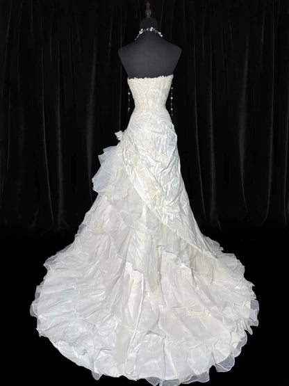Brautkleid, trägerlos, tiefe Taille, Meerjungfrauenstil, 1950er/1940er Jahre, trägerlose Spitze mit Applikationen, weiß, in Petite/Plus Size, AS014