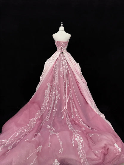 Fairytale Prom Dresses Ball Gown Sweetheart Pink With Beading Tulle Evening Long Formal Dress RB7388