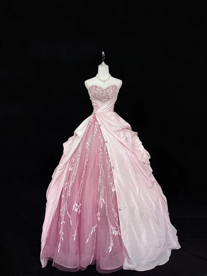 Fairytale Prom Dresses Ball Gown Sweetheart Pink With Beading Tulle Evening Long Formal Dress RB7388
