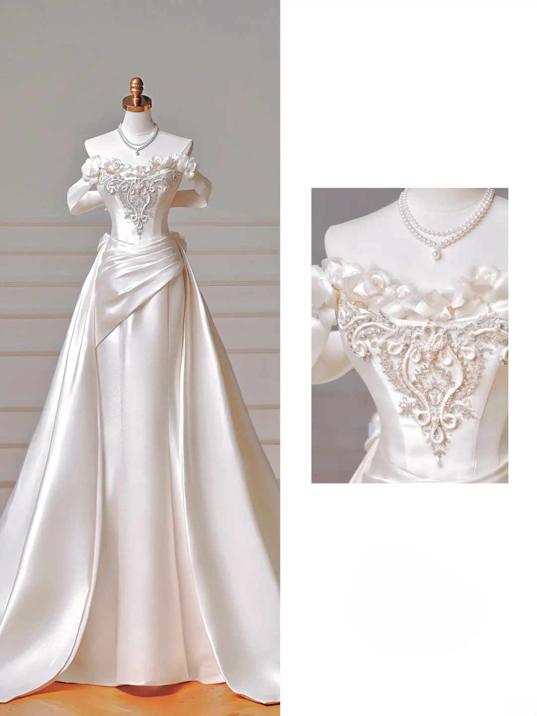 Robe de mariée longue et romantique, style sirène, épaules dénudées, en satin plissé, avec manches, référence AQ015