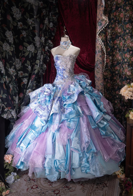 Princesses Fairytale Ball Gown Sweetheart Lilac Blue Tulle With Layers Tiered Long Quince Dress Quinceanera Dresses Formal Birthday Outfits RB8040