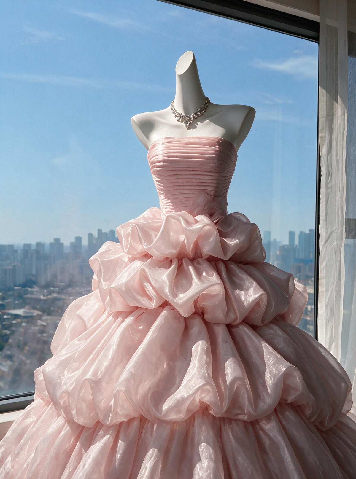 Fairy Quinceanera Dress Ball Gown Strapless Pink Organza With Tiered Layers 15th Birthday Party Outfit RC0975