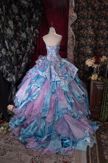 Princesses Fairytale Ball Gown Sweetheart Lilac Blue Tulle With Layers Tiered Long Quince Dress Quinceanera Dresses Formal Birthday Outfits RB8040
