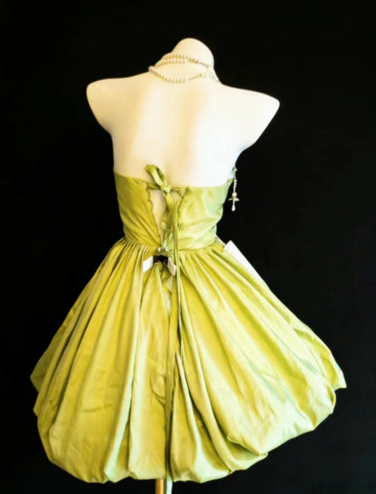 Robe de bal vintage sans bretelles en satin vert, robe de soirée courte pour un 16e anniversaire, robe de cocktail AS015