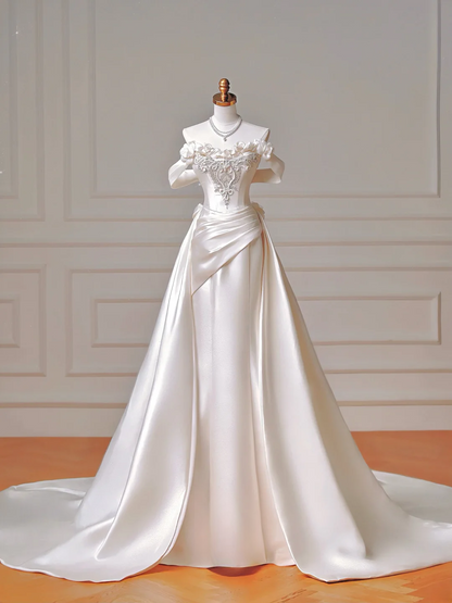 Robe de mariée longue et romantique, style sirène, épaules dénudées, en satin plissé, avec manches, référence AQ015