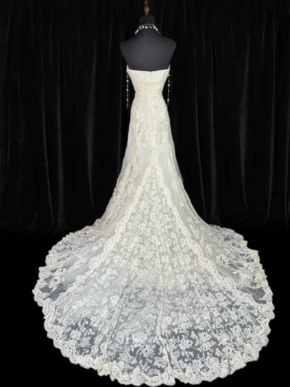Robe de mariée bustier taille basse années 40/50, coupe sirène, dentelle et tulle ornés d'appliqués, blanche, tailles petites et grandes, AS015