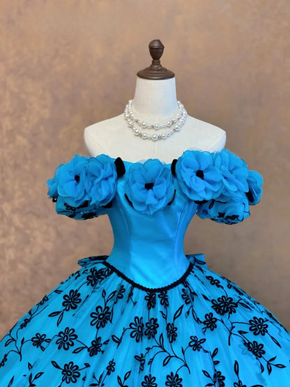 Modest Ball Gown Off The Shoulder Blue Floral Quinceanera Dresses For Sweet 15 15 Anos Celebration 17th Birthday Formal Gown RB9012