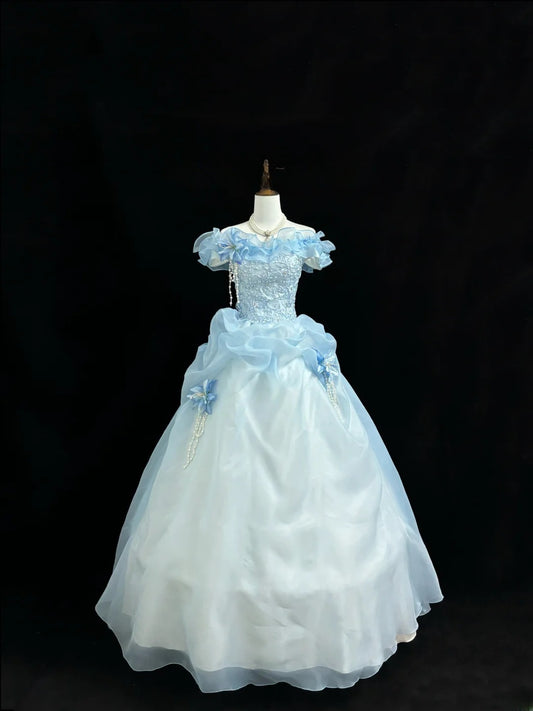 Fairytale Prom Dresses Ball Gown Off The Shoulder Blue With Lace Organza Evening Long Formal Dress RB7390