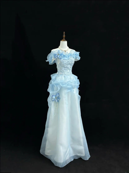 Fairytale Prom Dresses Ball Gown Off The Shoulder Blue With Lace Organza Evening Long Formal Dress RB7390