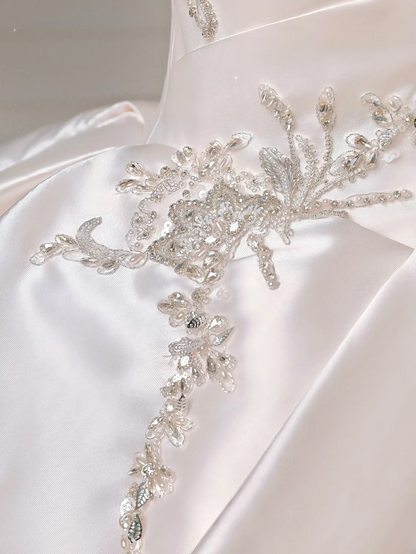 Prinzessinnen-Brautkleid, langes Ballkleid, herzförmig, plissiert, Satin, mit Perlen, weißes Brautkleid AQ016