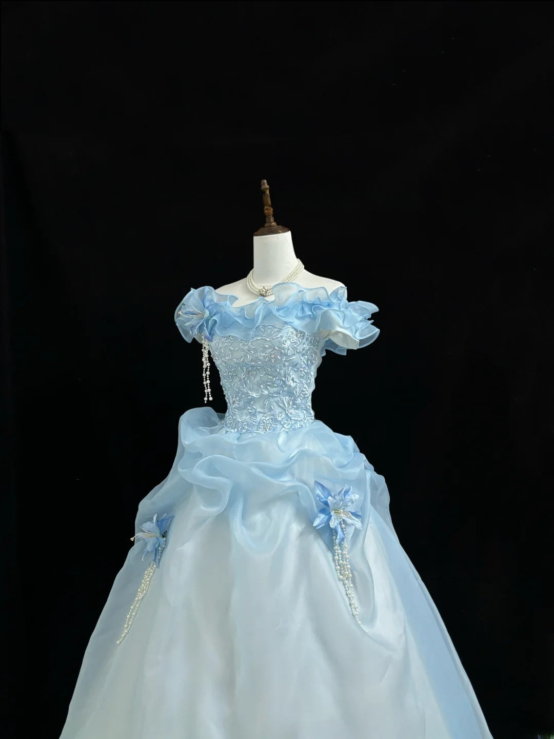 Fairytale Prom Dresses Ball Gown Off The Shoulder Blue With Lace Organza Evening Long Formal Dress RB7390